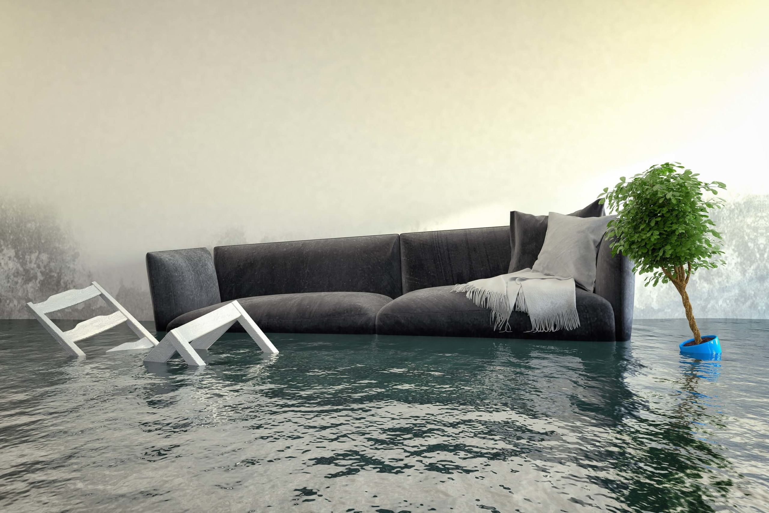 Залив жилого помещения. Затопленная мебель. Потоп в квартире. Мокрый диван. Диван в воде.